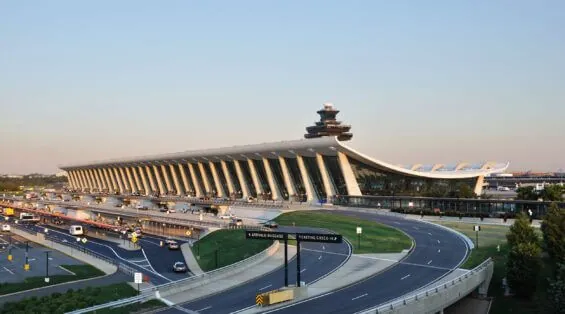 The exterior of the main terminal at Washington Dulles International Airport in virginia.